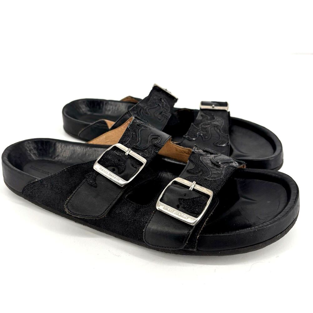Isabel Marant Etoile Women EU 41 Gail Leather Double Strap Embossed Sandal Black